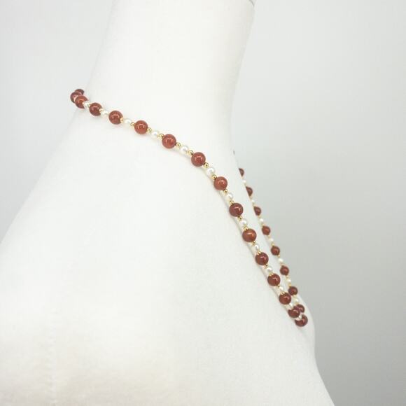 14K Gold Red Jade & Freshwater Pearl 24" Necklace ❤️ - Picture 5 of 12